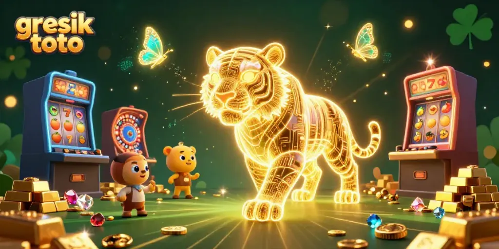 Gresik toto menghadirkan ilustrasi kasino digital dengan harimau emas neon dan elemen permainan yang menarik.
