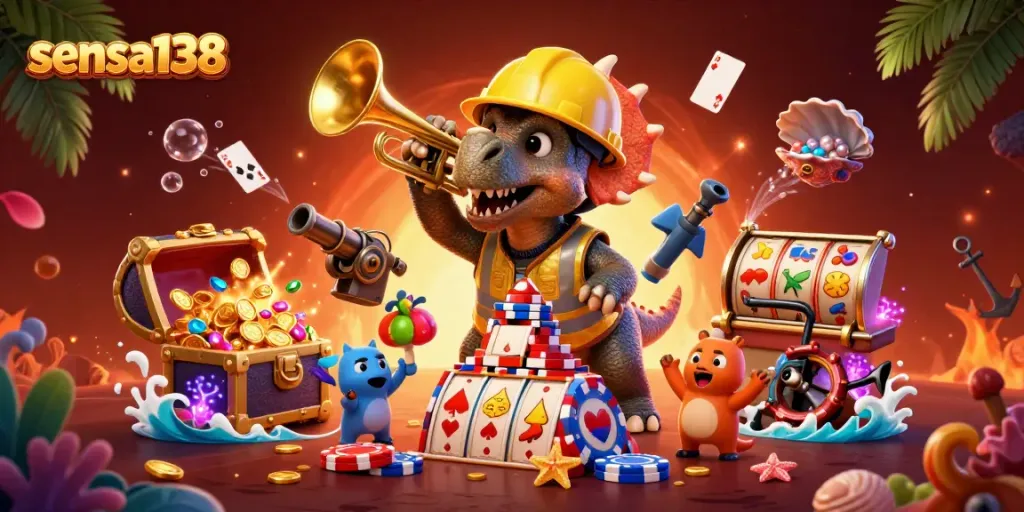Sensa138 brings the excitement of casino gaming to life with cartoon dinosaurs celebrating and playing.