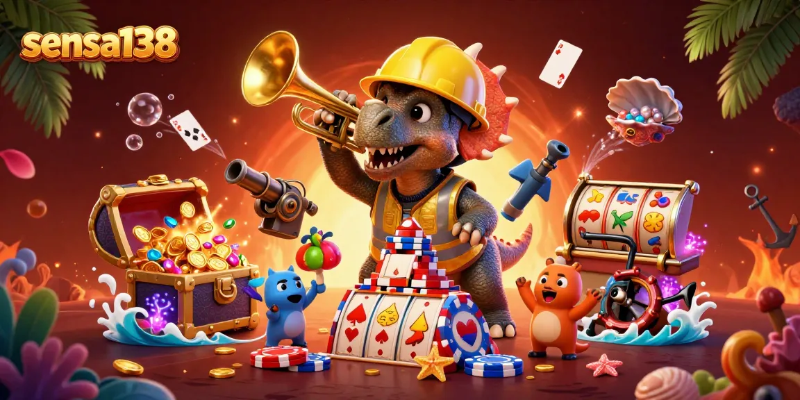 Sensa138 brings the excitement of casino gaming to life with cartoon dinosaurs celebrating and playing.