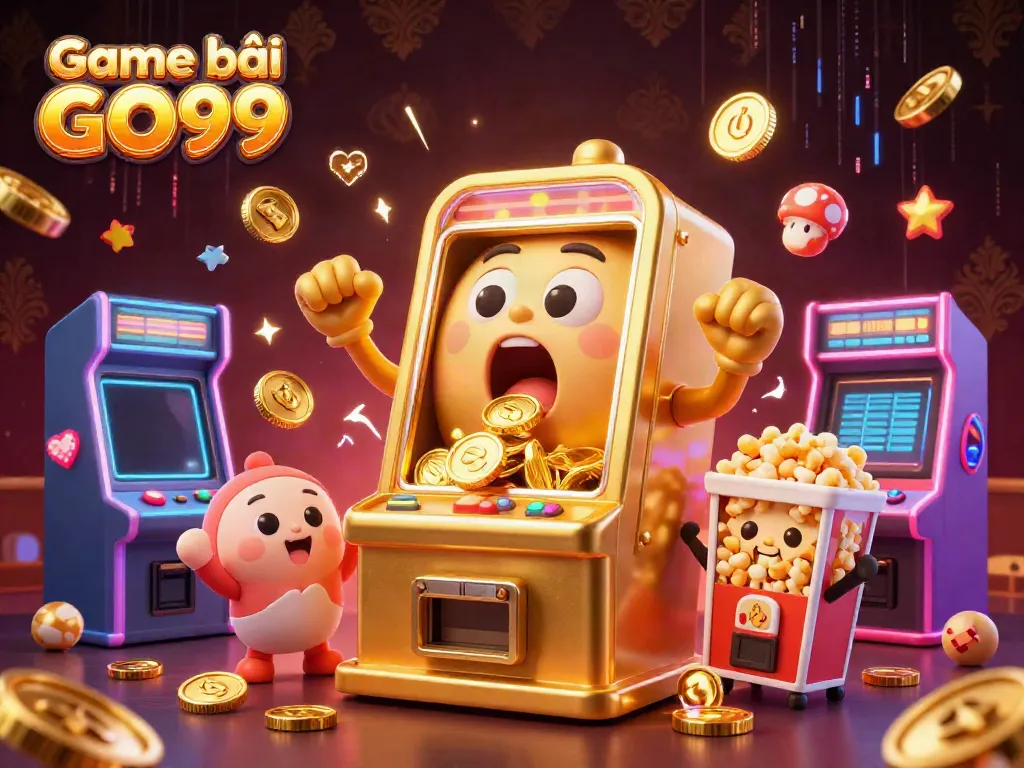 Game bài GO99 showcases an animated slot machine hitting a jackpot with cheering machines in a vibrant, dynamic setting.