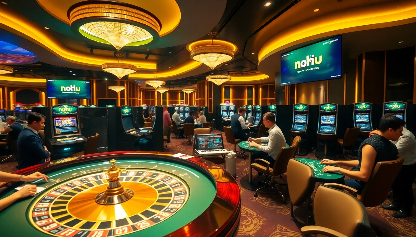 Nohu offers an exhilarating gambling experience with slot machines and players engaging at the casino tables.