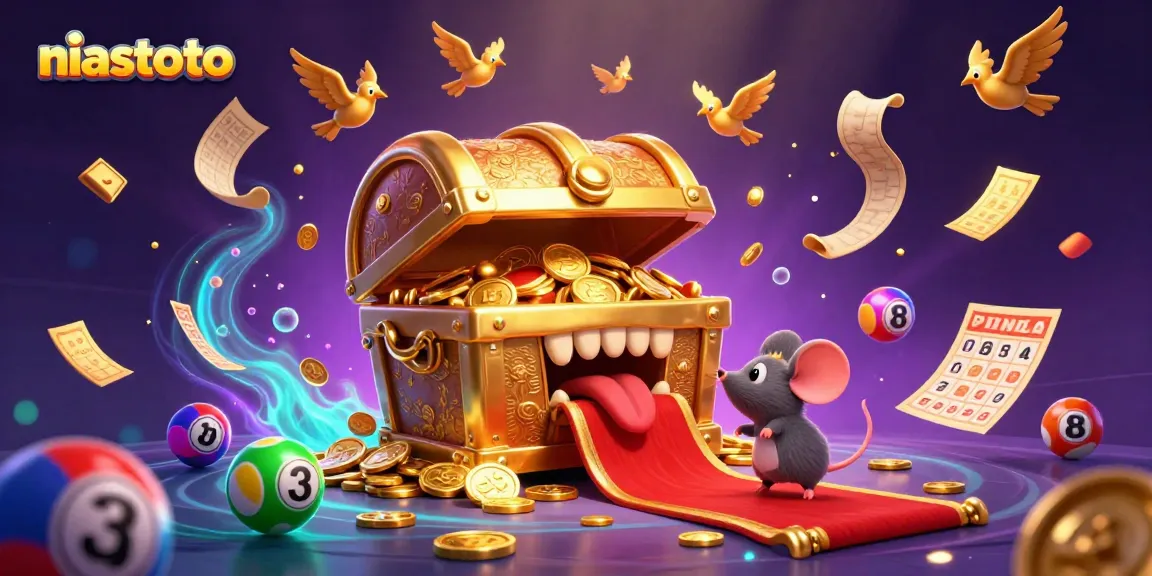Engage with niastoto's 3D casino adventure featuring a golden treasure chest and dynamic lottery elements.
