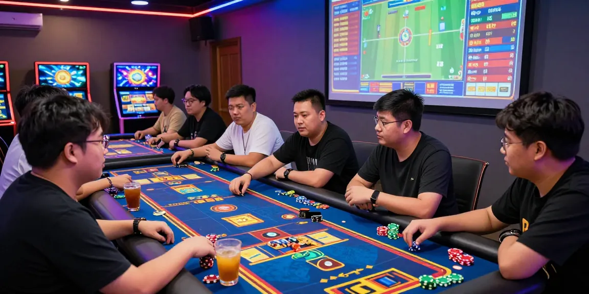 Exciting players engaged in situs togel games at a high-tech gaming table.