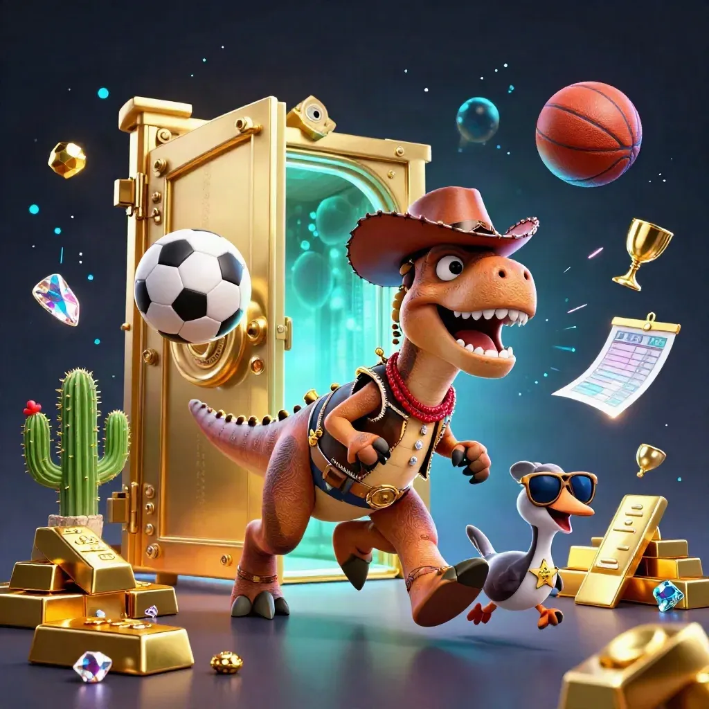 T-Rex koboi, kaktus, dan roadrunner meledak di kasino emas neon.