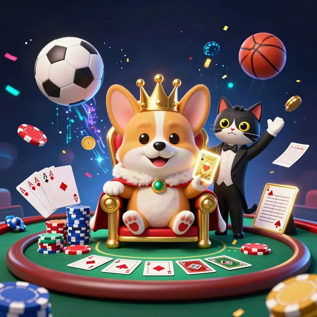 Korgi mahkota emas di singgasana chip, kucing butler, bola olahraga dan chip melayang.