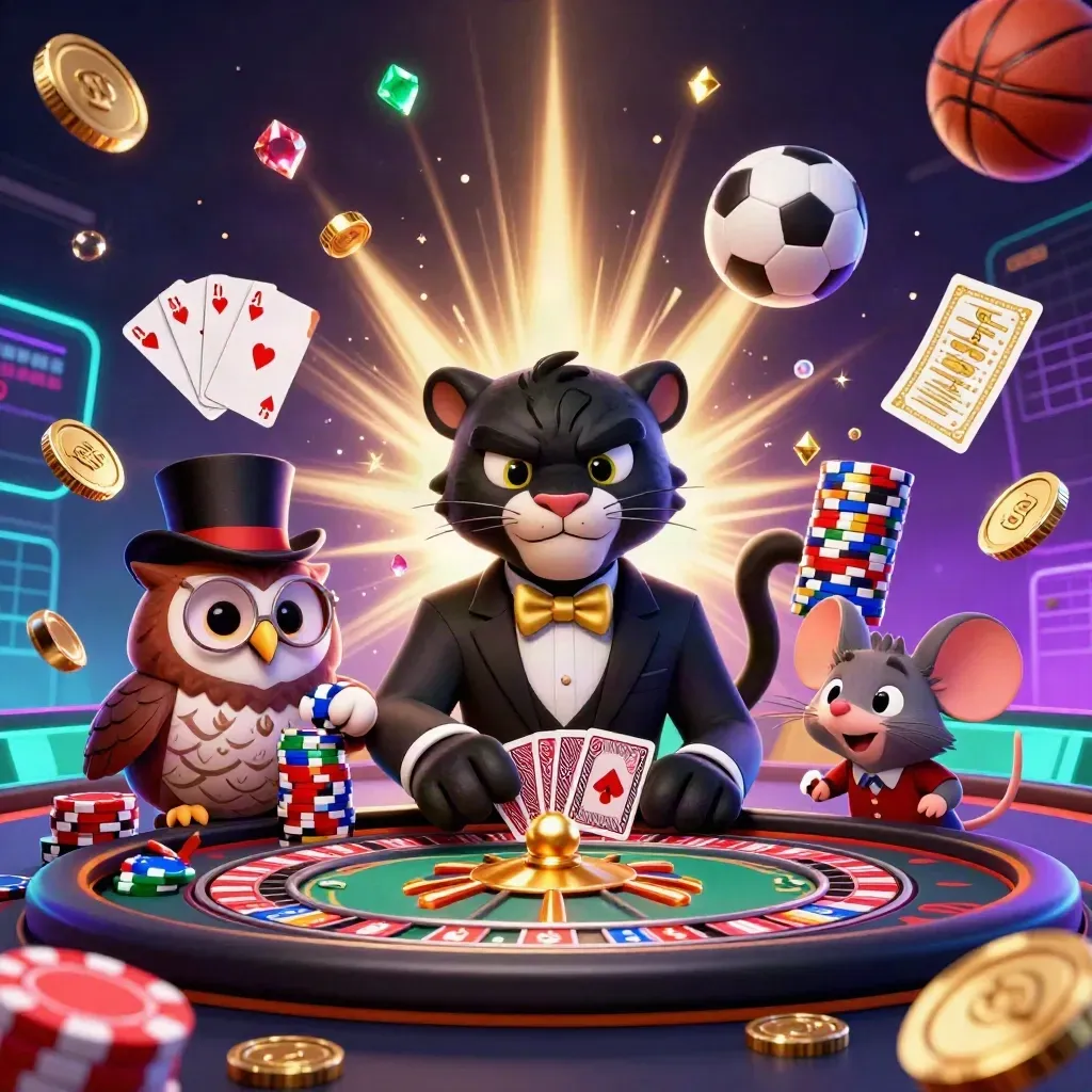 Panther, burung hantu, dan tikus judi di tengah ledakan koin, bola basket, dan bola sepak neon.