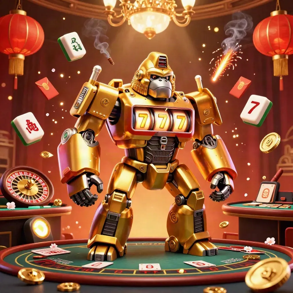 Gorila mech emas di kasino mewah, dikelilingi ubin mahjong, lampion, koin, dan cahaya dramatis.