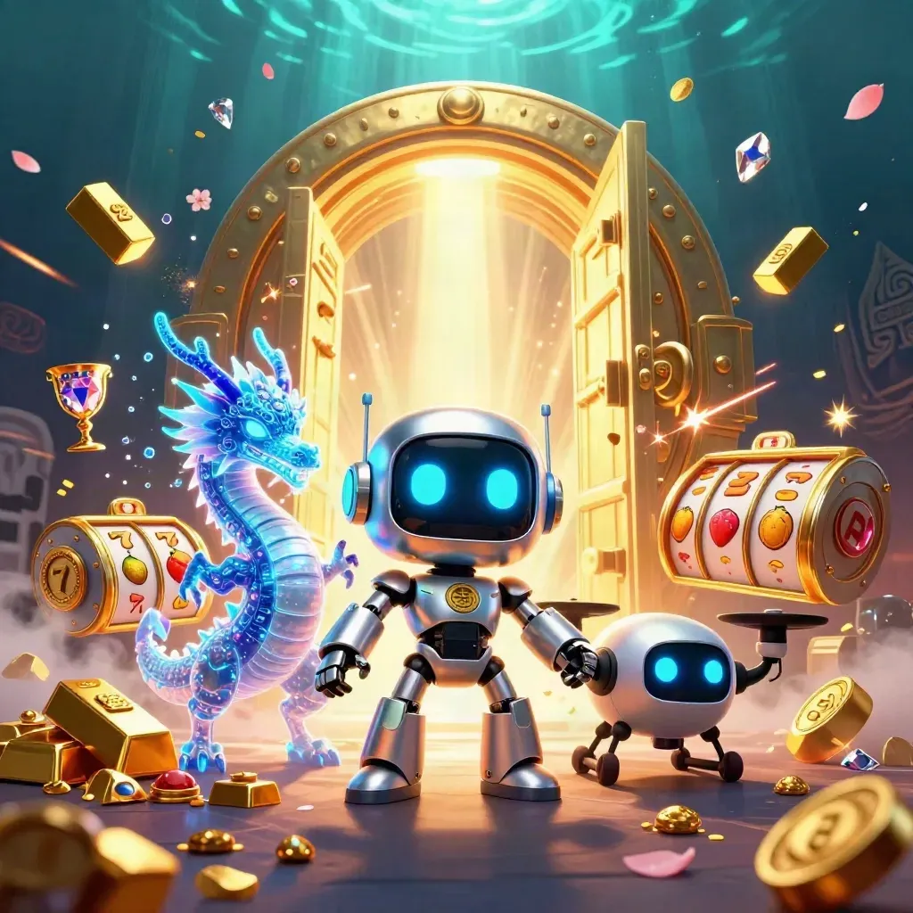 Robot cyberpunk, naga AI holografik, dan drone koin meledak di depan pintu harta emas.