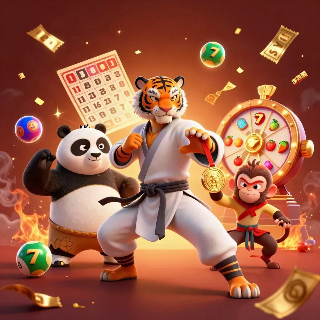 Tiger kung-fu, panda, dan monyet mencuri medali, dikelilingi bola lotre dan cahaya emas
