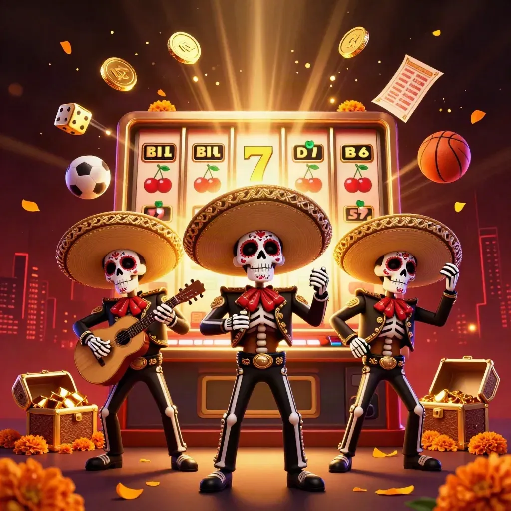 Tiga skeleton mariachi di ledakan jackpot, koin emas, kartu taruhan, dan bola olahraga melayang.