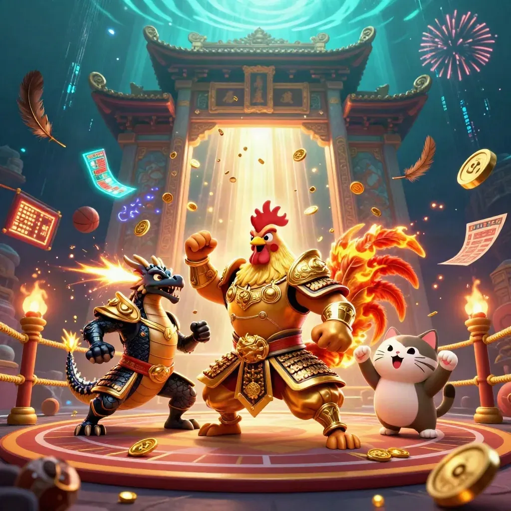 Ayam samurai emas, bayi naga, dan kucing keberuntungan merayakan ledakan koin di latar kuil neon.
