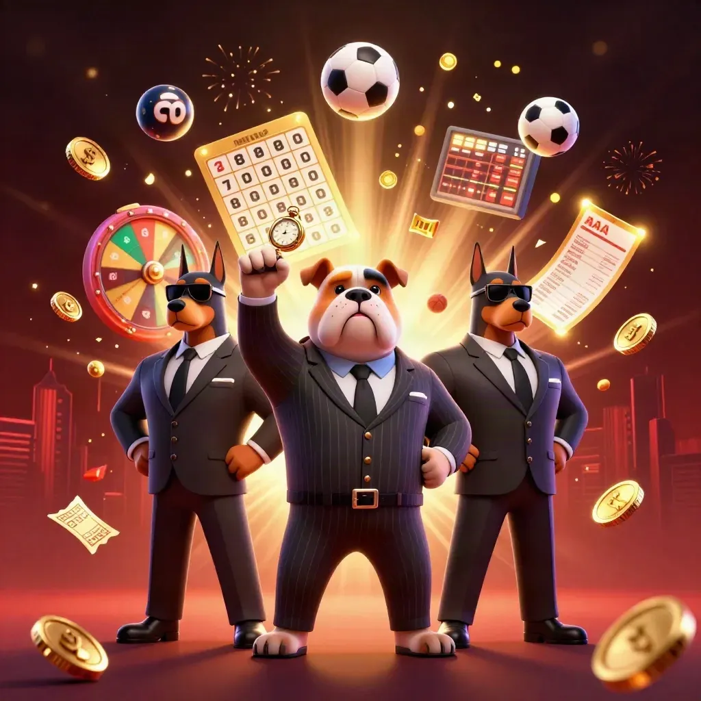 Bulldog bos mafia dan dua doberman dikelilingi koin emas, bola lotre, dan efek cahaya mewah.