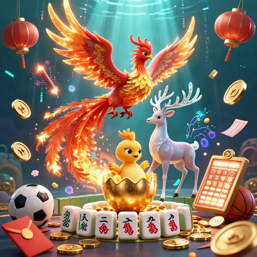 Phoenix, rusa kristal, dan anak phoenix di tengah ledakan koin emas dan efek neon kasino.