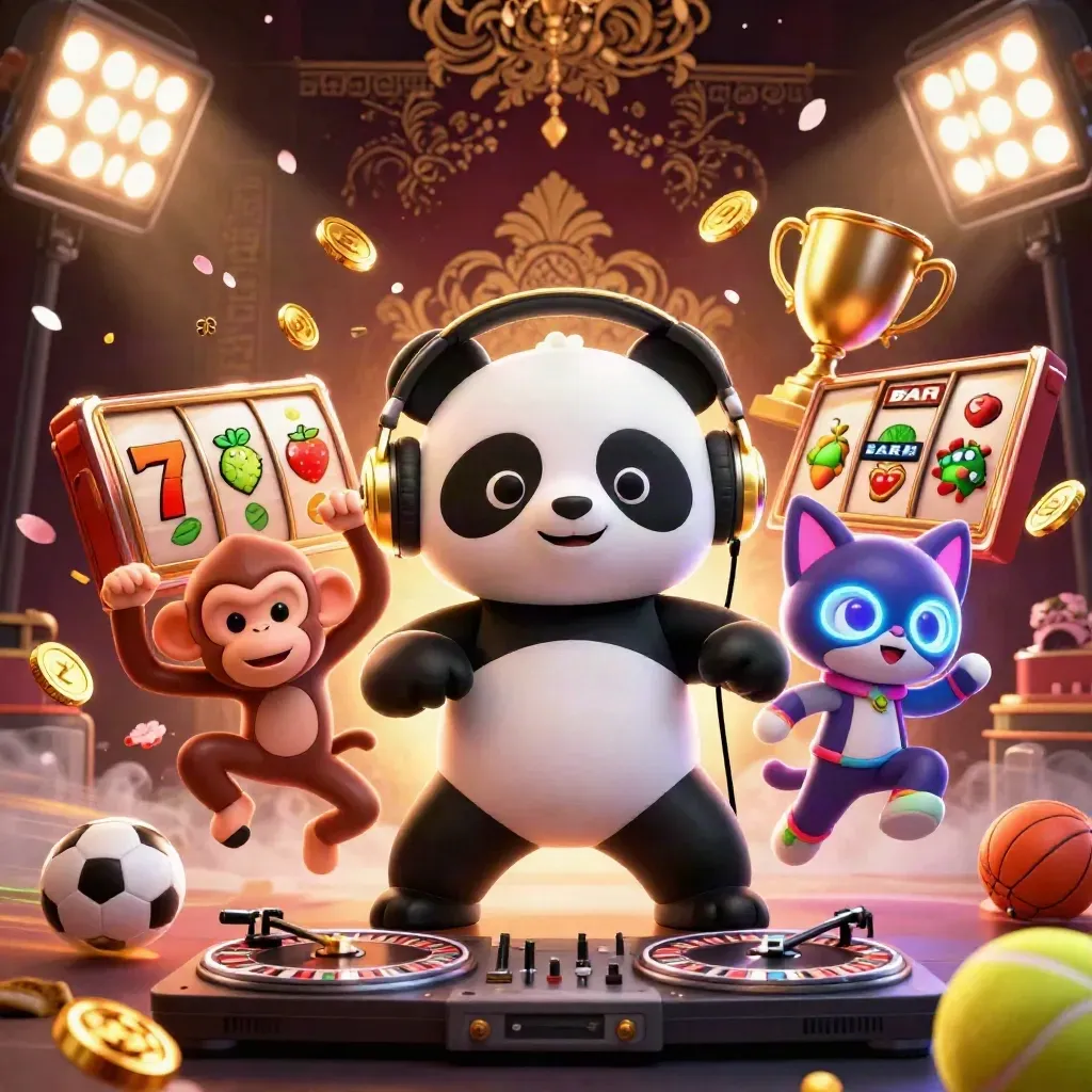Panda DJ emas, monyet breakdance, dan kucing rave di latar kasino mewah.
