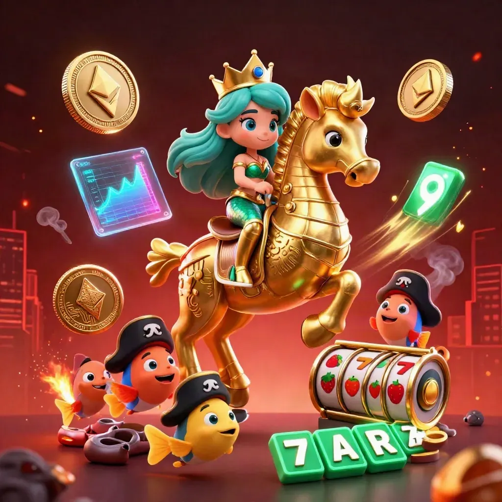 Putri duyung kartun 3D menunggang kuda laut emas, koin kripto, slot neon, latar merah gelap.