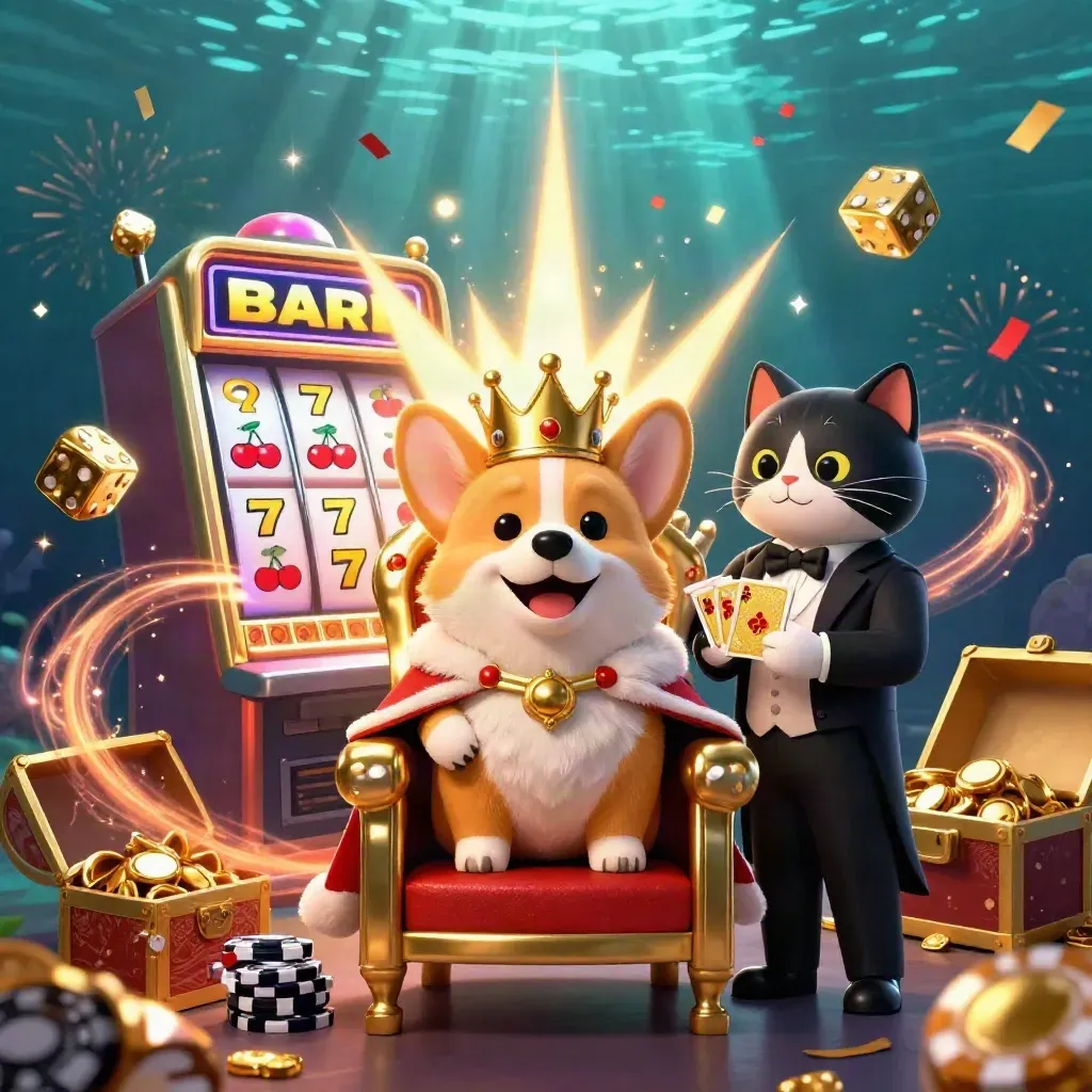 Korgi raja dan pelayan kucing di atas kursi chip, dikelilingi simbol slot dan harta emas.