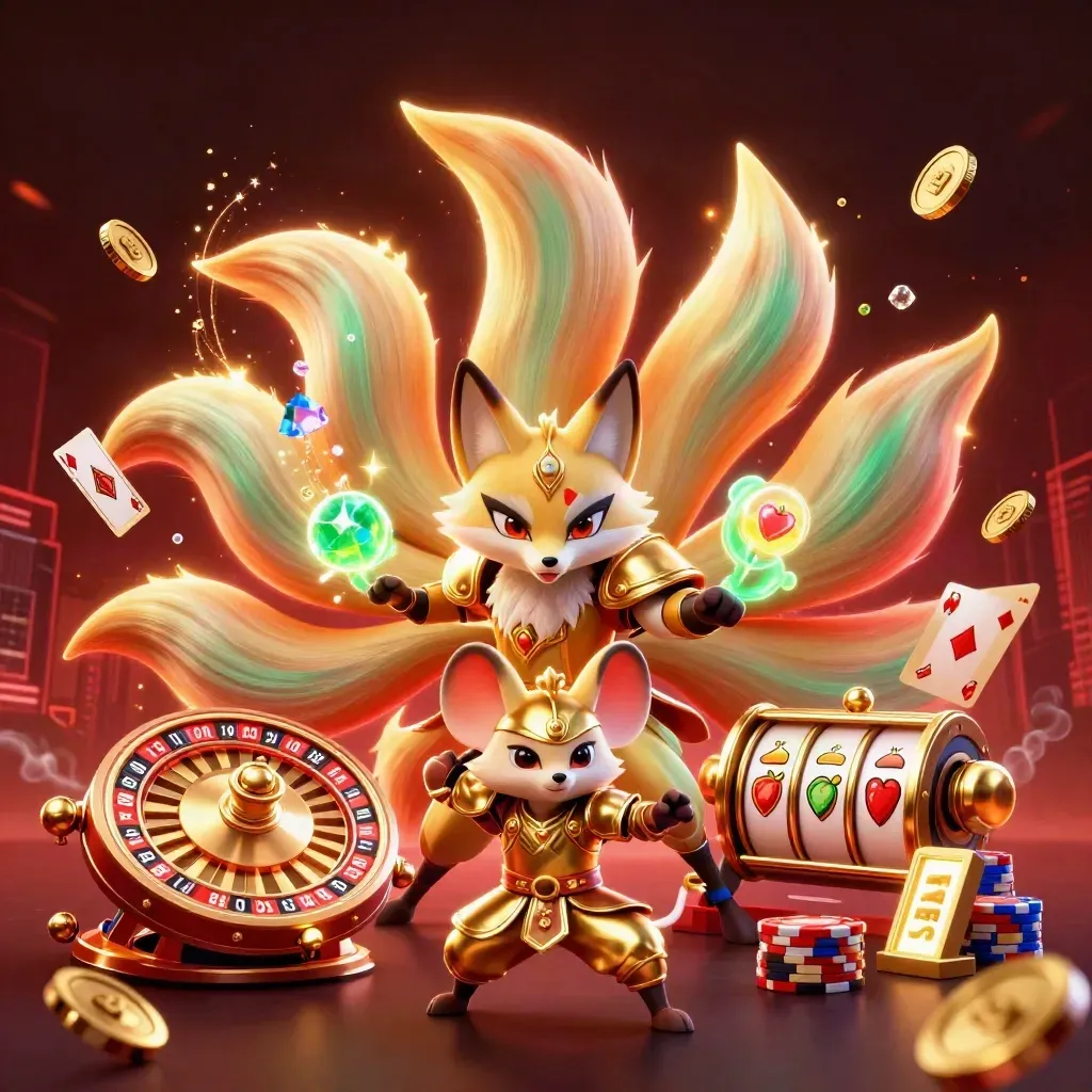 Rubah roh sembilan ekor dan tikus samurai emas dikelilingi koin, roda roulette, dan chip.
