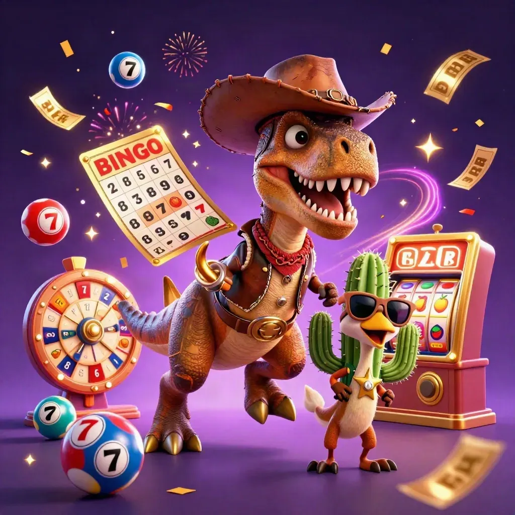 T-Rex koboi, kaktus, dan roadrunner di tengah efek kasino emas mewah.