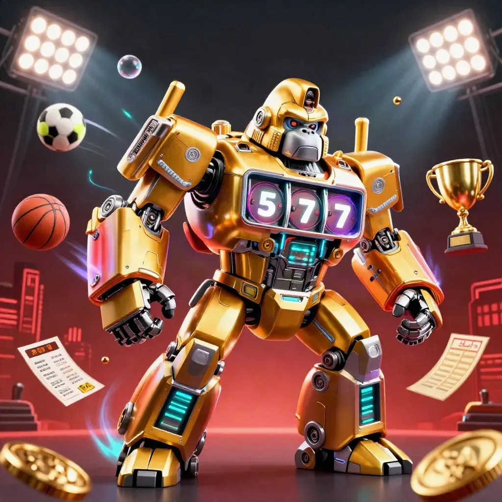 Monyet mech gorila emas dikelilingi bola olahraga, koin, dan cahaya neon mewah.