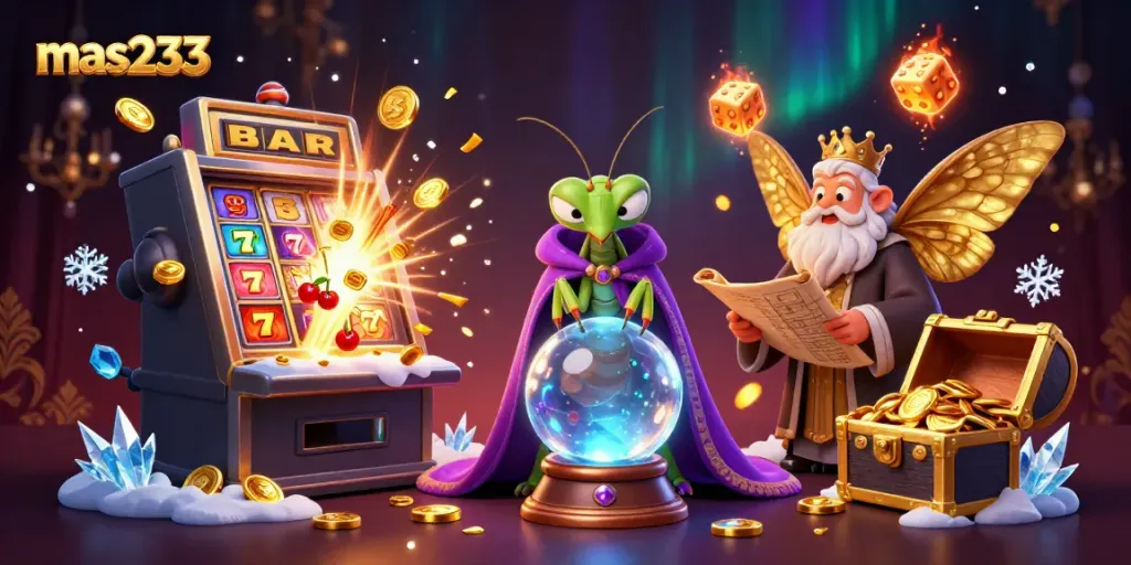 Slot jackpot berwarna-warni dengan mas233 membawa keberuntungan, menampilkan simbol beruntung dan koin emas.