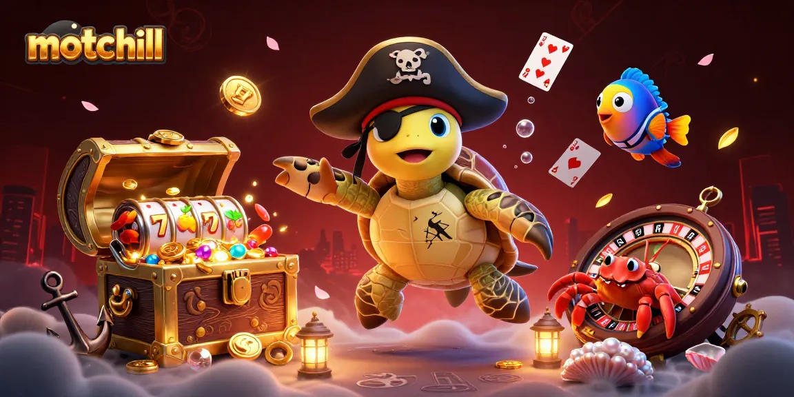 Engage with the vibrant motchill scene featuring a pirate turtle and treasures, perfect for immersive online gaming.