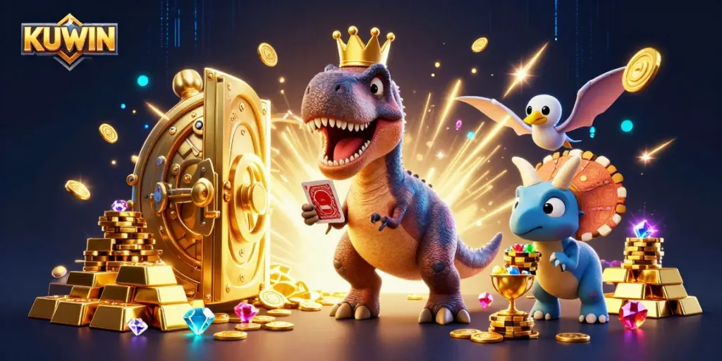 Kuwin promotes winning strategies with a playful dinosaur card dealer and exciting casino elements.