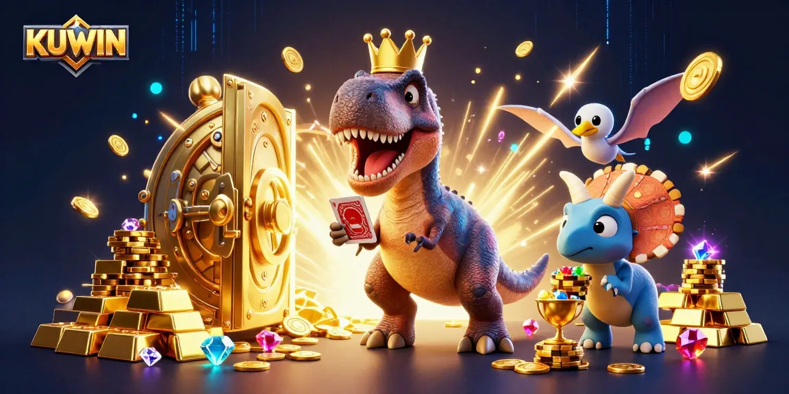 Kuwin promotes winning strategies with a playful dinosaur card dealer and exciting casino elements.
