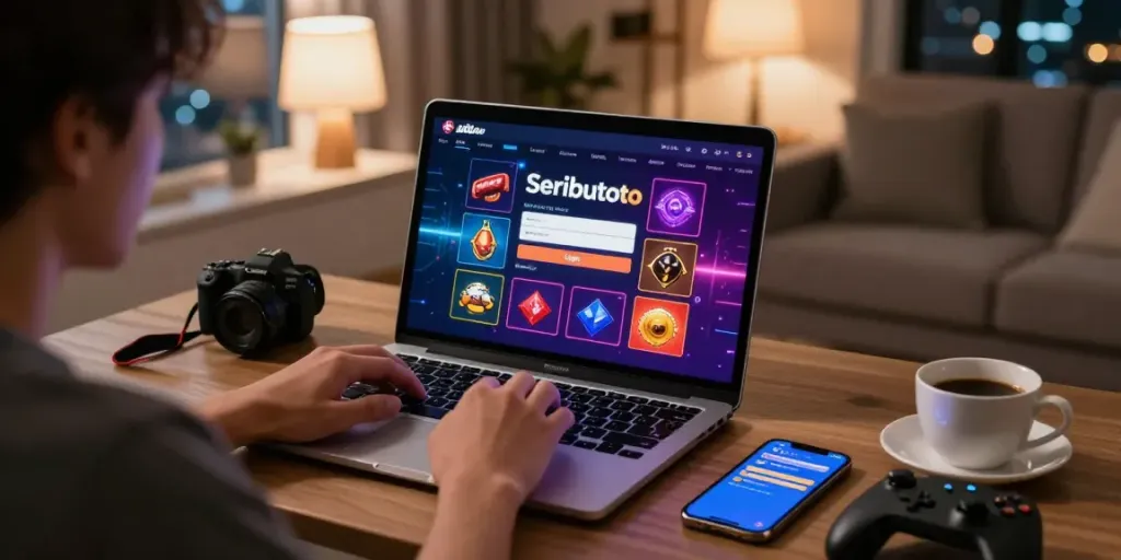 Pengguna Seributoto Login sedang berinteraksi dengan laptop di ruang tamu modern.