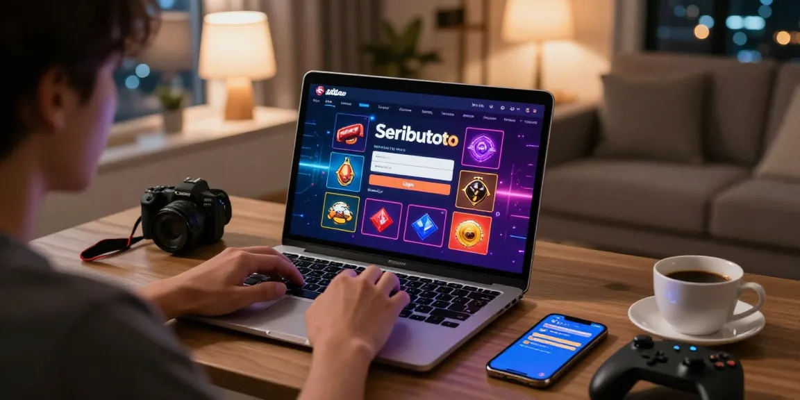 Pengguna Seributoto Login sedang berinteraksi dengan laptop di ruang tamu modern.