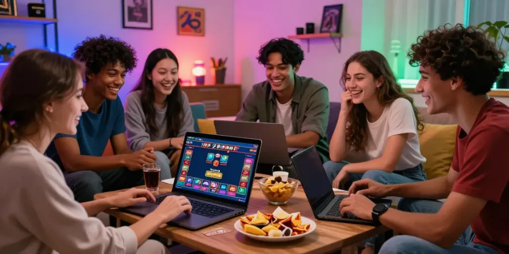 Friends enjoying 2up casino games together on a laptop in a cozy living room.