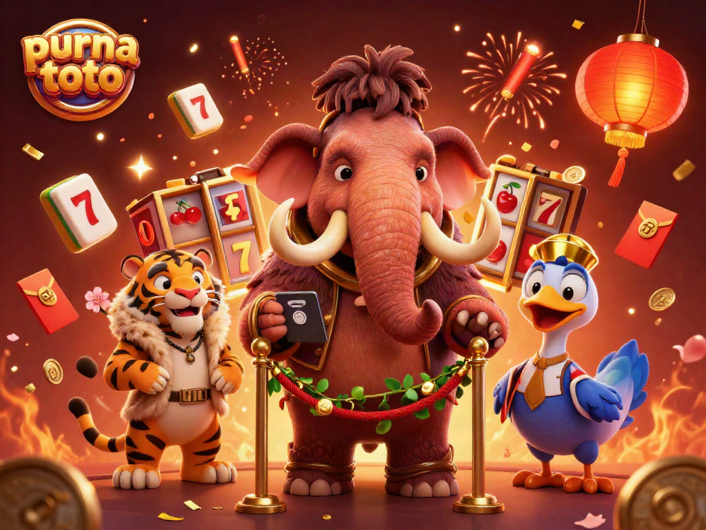 Gambarkan purna toto dengan karakter unik mammoth bouncer dan simbol jackpot yang bersinar.