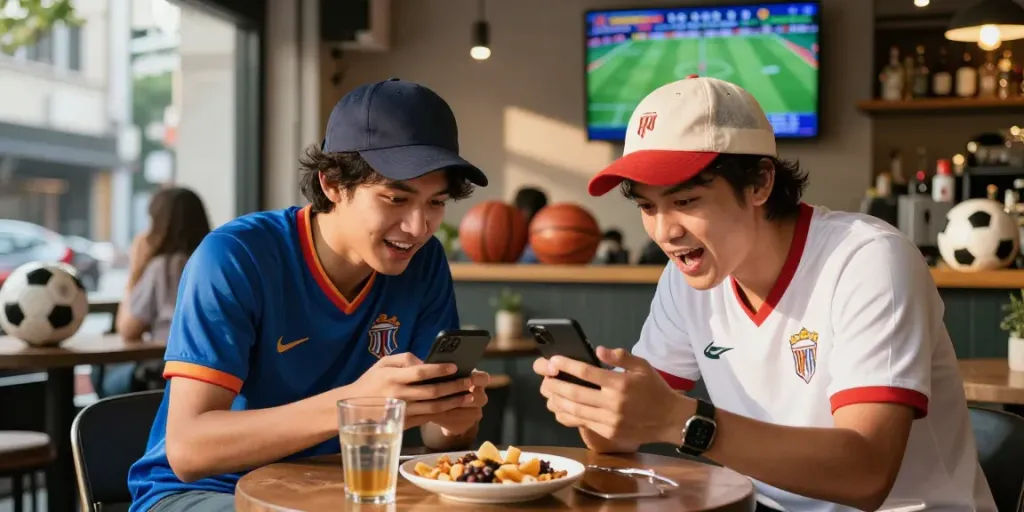 Kediritoto saat dua teman menikmati taruhan olahraga di kafe urban.