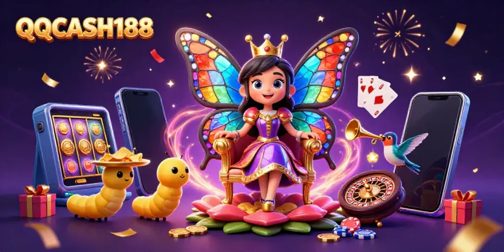 Experience the excitement of QQCASH188 with a vibrant illustration depicting a whimsical casino atmosphere.