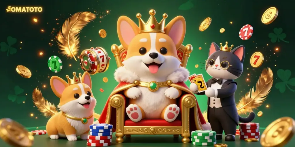 Experience excitement at SOMATOTO with a royal corgi and dynamic slot elements in a vibrant casino scene.