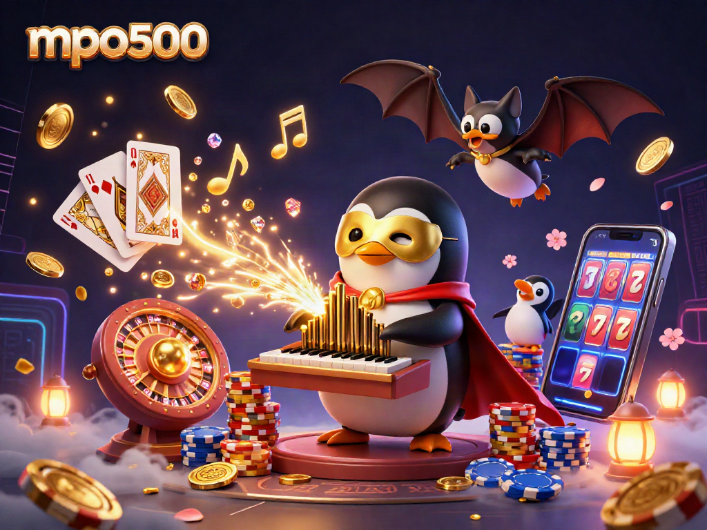 Menghadirkan tema mpo500, burung penguin opera dengan topeng emas, bermain organ yang meluncurkan koin keemasan.
