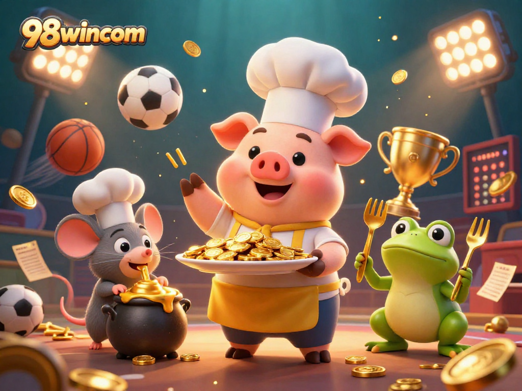 Engage in thrilling betting with 98wincom's vibrant illustration featuring gold coins and sports balls.