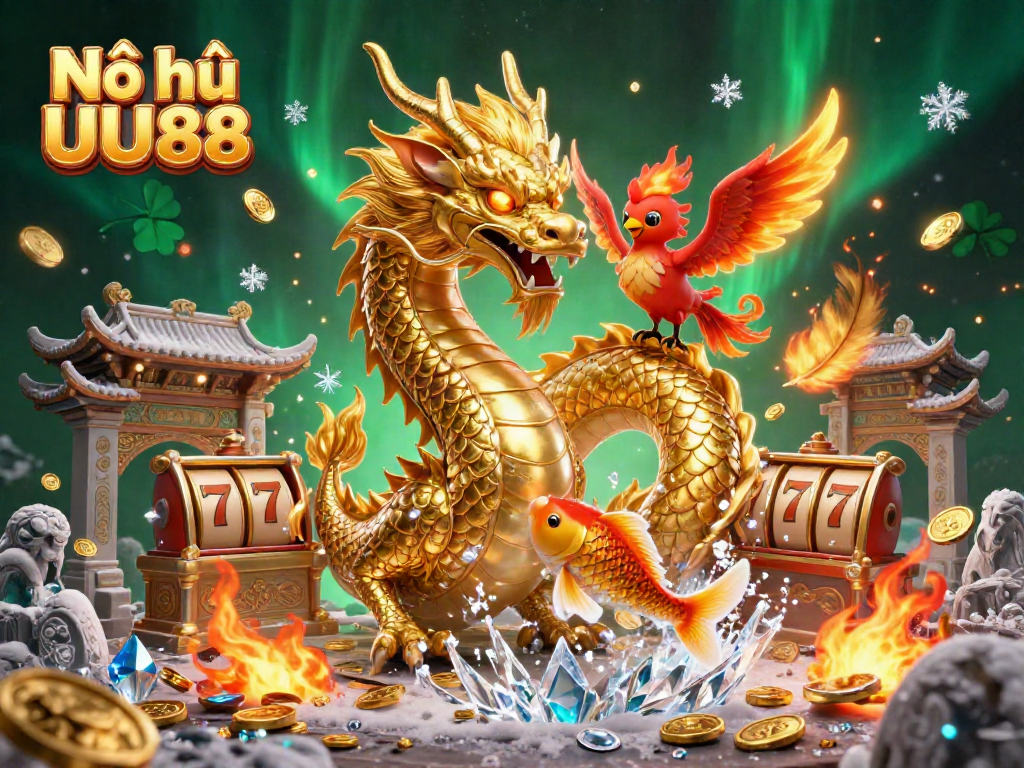 Nổ hũ UU88 showcases a fierce dragon, phoenix, and koi fish in a vibrant slot game scene with gold coins.