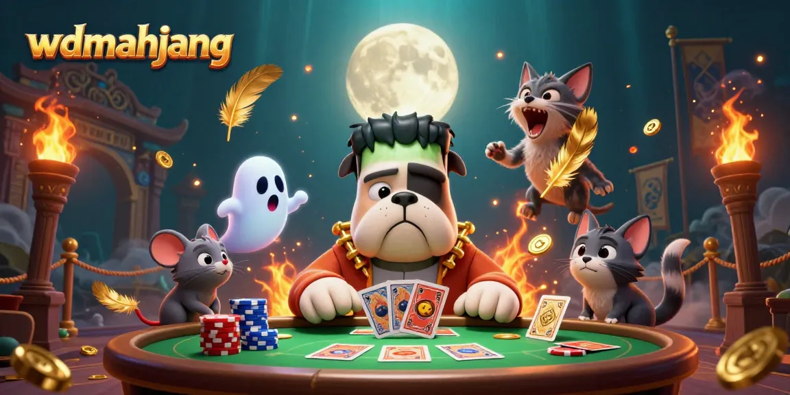 Engage with the thrilling world of wdmahjong through a vibrant 3D illustration featuring a Frankenstein bulldog dealer and a ghost mouse.