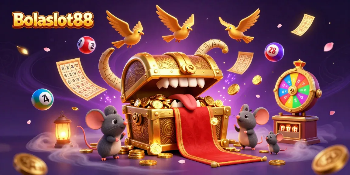 Bolaslot88 offers an exciting illustrated casino scene featuring a golden treasure chest enticing mice with riches and lottery elements.