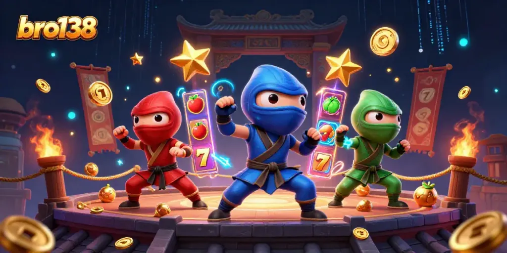 Experience dynamic gaming action with the bro138 ninja chameleon trio, synchronized in a vibrant casino scene.