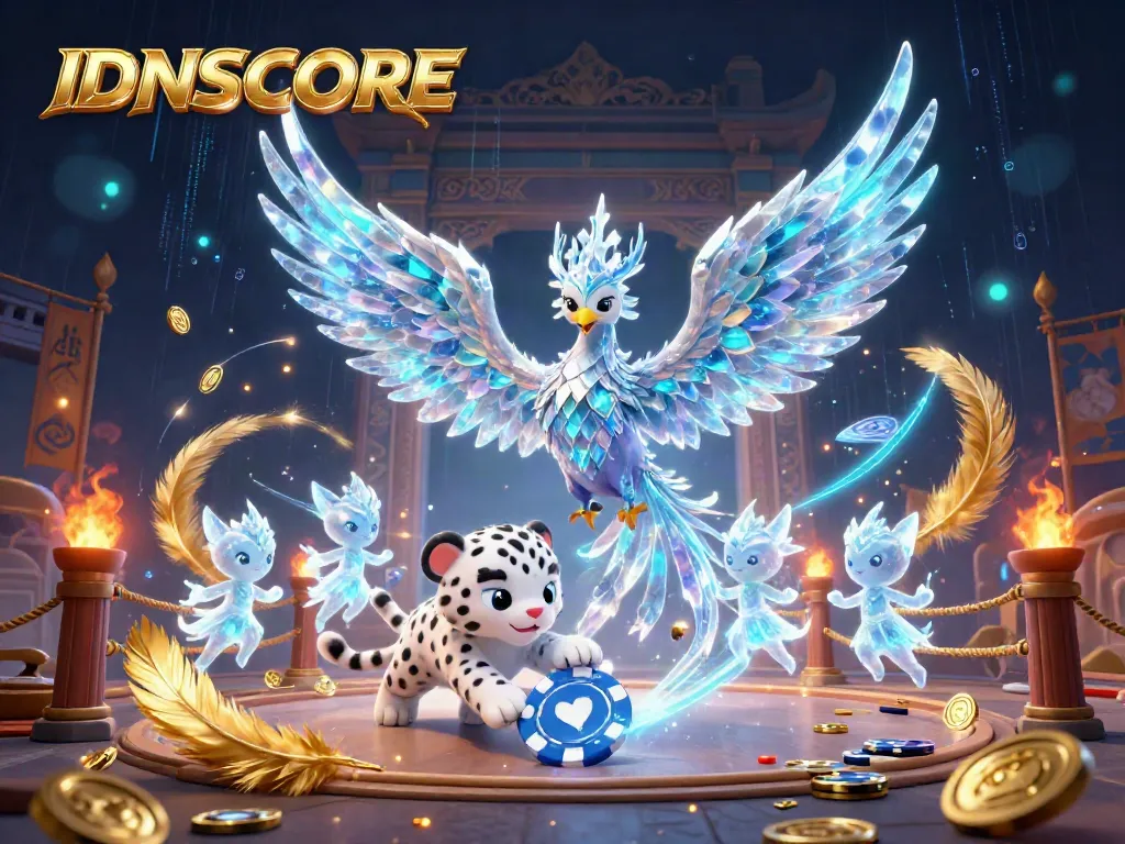 Experience gaming thrills on IDNSCORE with an ice phoenix, glowing sprites, and vibrant casino elements.