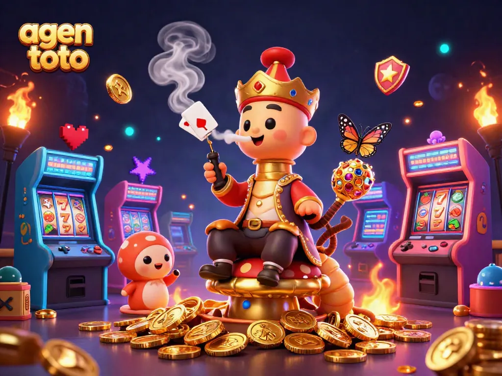 Gambarkan agen toto dengan karakter 3D, mesin permainan, dan elemen kasino menarik lainnya.