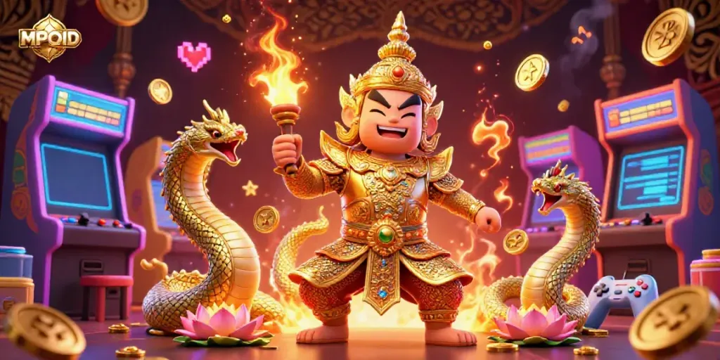 MPOID showcases an engaging scene with a golden temple guardian and playful Naga companions amidst arcade gaming elements.