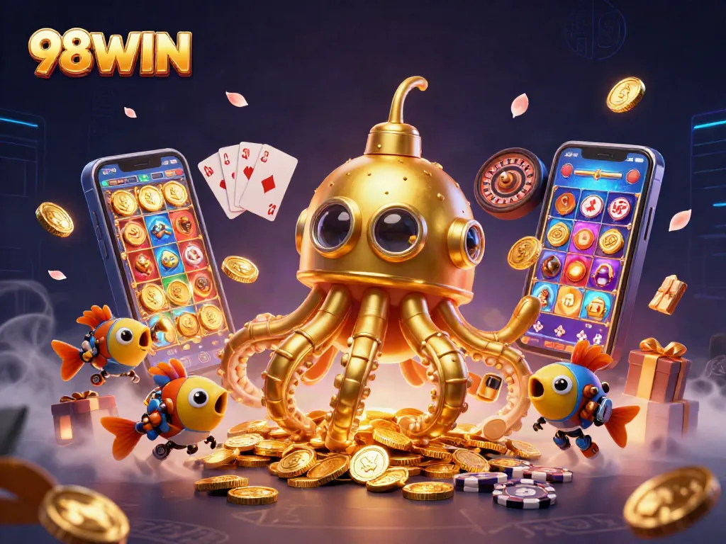 Engage with 98WIN as a golden kraken submarine surfaces in a sea of coins, embodying gambling excitement.