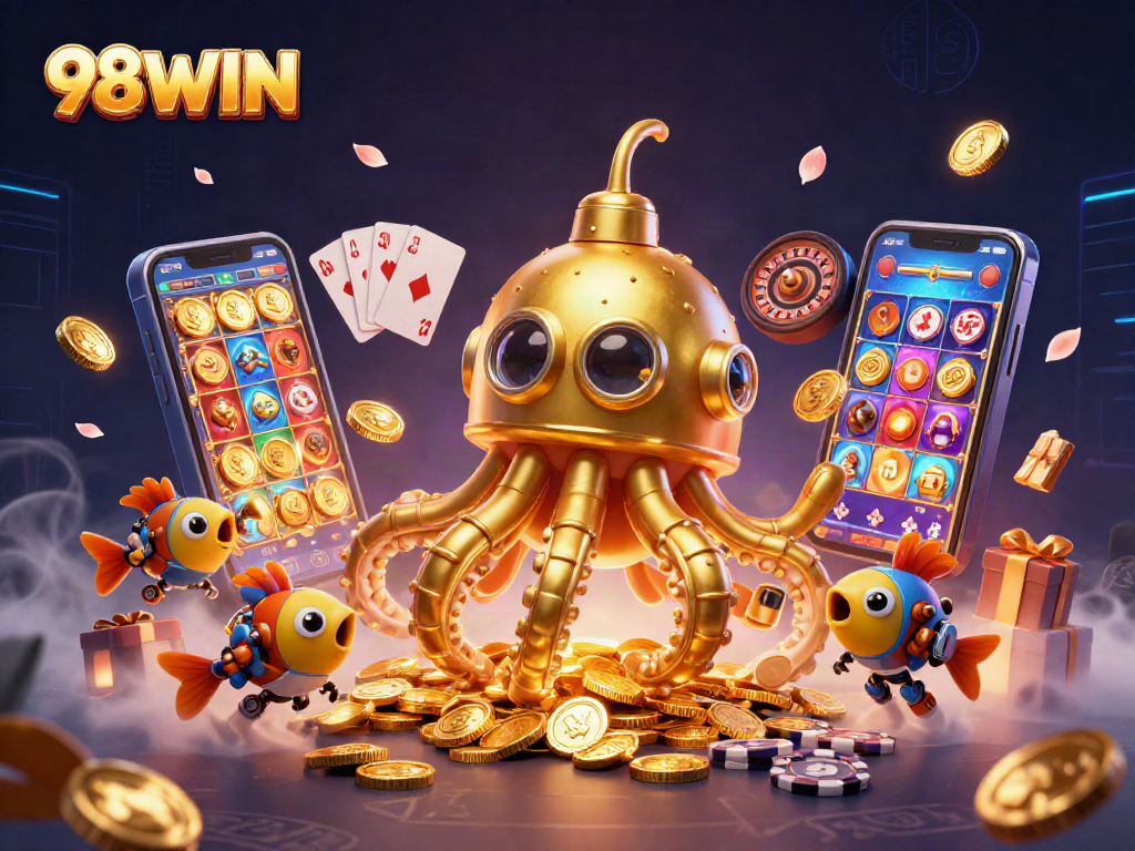 Engage with 98WIN as a golden kraken submarine surfaces in a sea of coins, embodying gambling excitement.