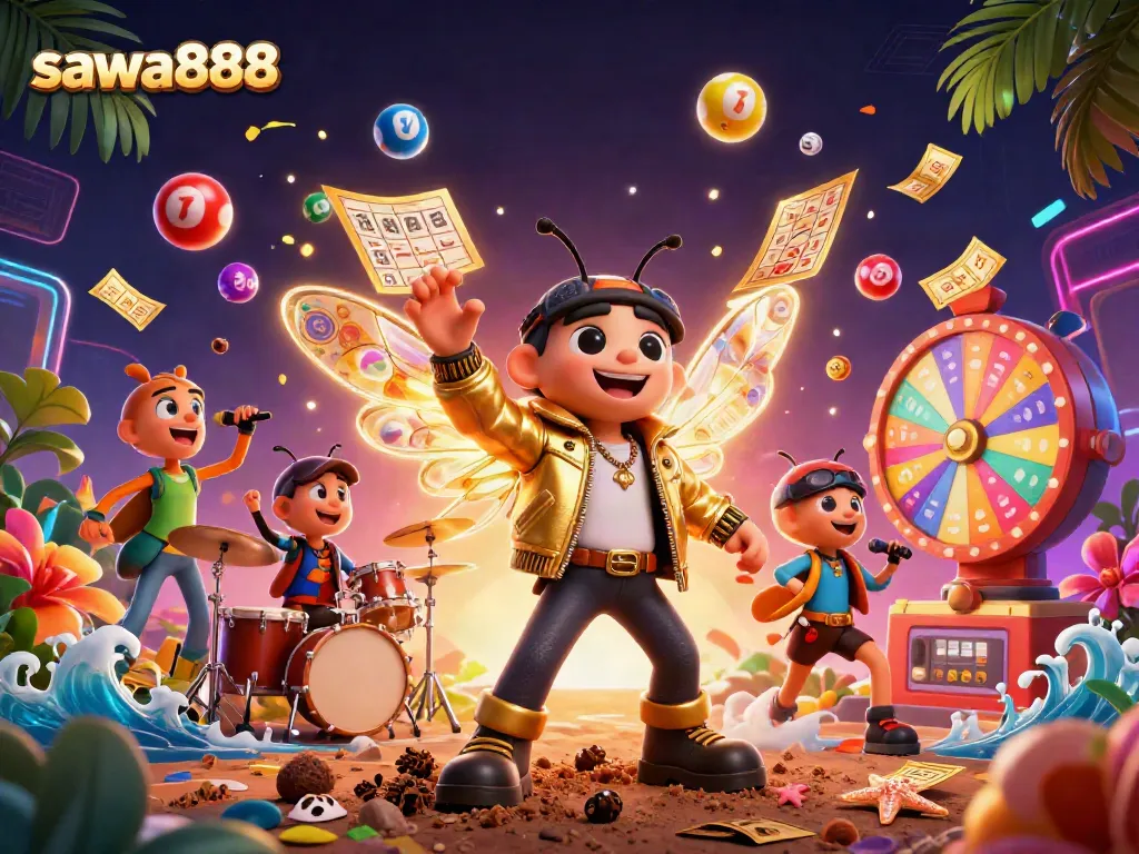 The lively scene of sawa888 introducing a rock star cicada, beetle drummer, and crickets to a vibrant gambling atmosphere of colorful lottery games.
