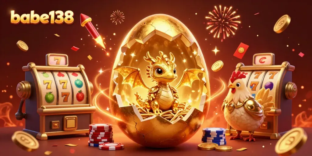 Bermain peluang menang besar di BABE138 dengan simbol slot yang berkilau dan elemen judi lainnya.