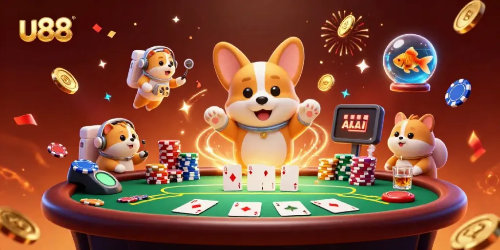 Engage with U88's thrilling gaming atmosphere featuring a corgi astronaut in zero gravity at a vibrant casino.