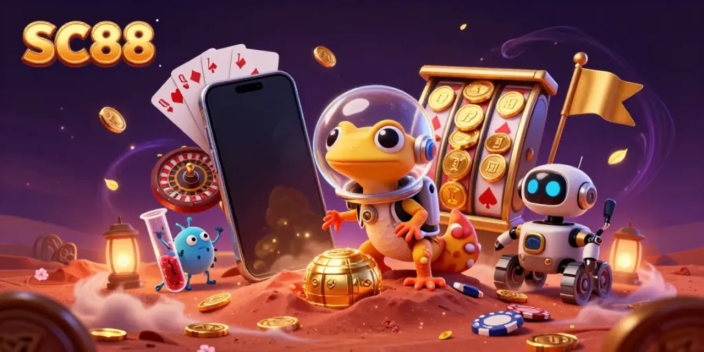 Experience SC88's vibrant casino scene with Martian gecko, robots, and slot games.