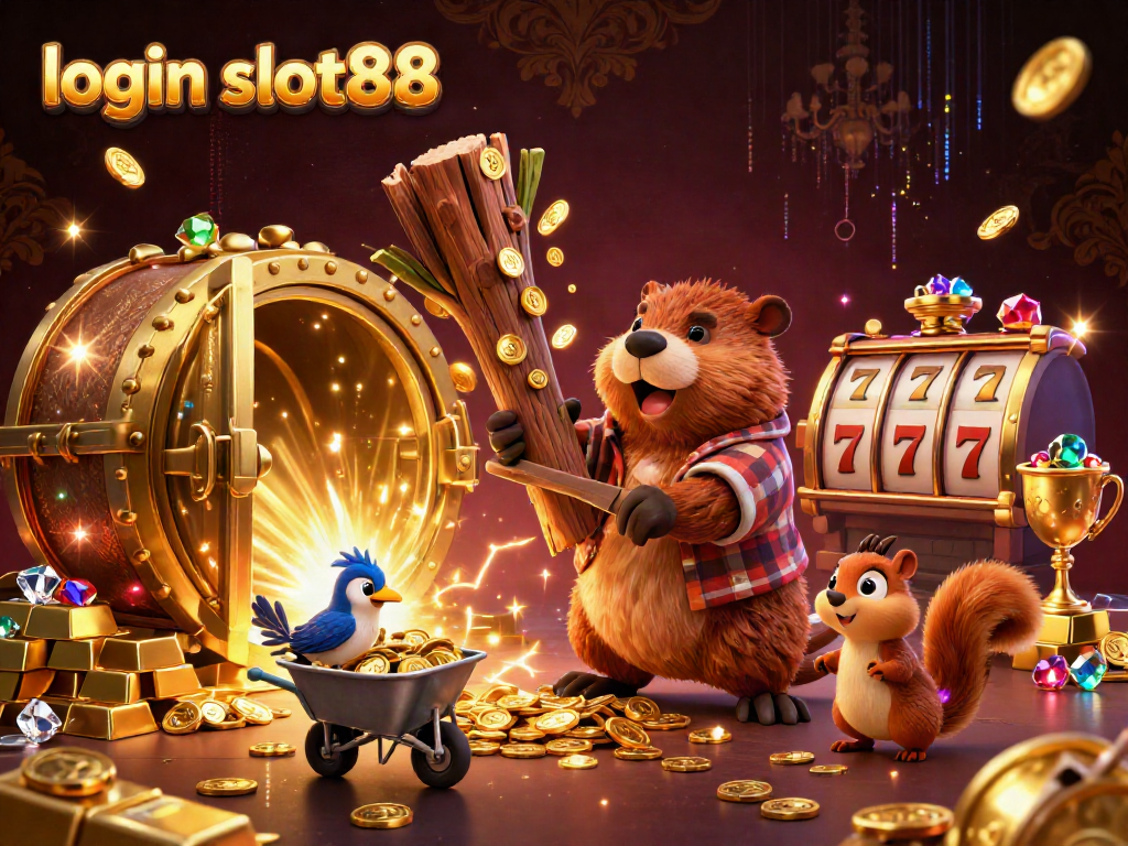 Join the excitement in login slot88 with a vibrant scene of a beaver surrounded by gold coins and slot reels.